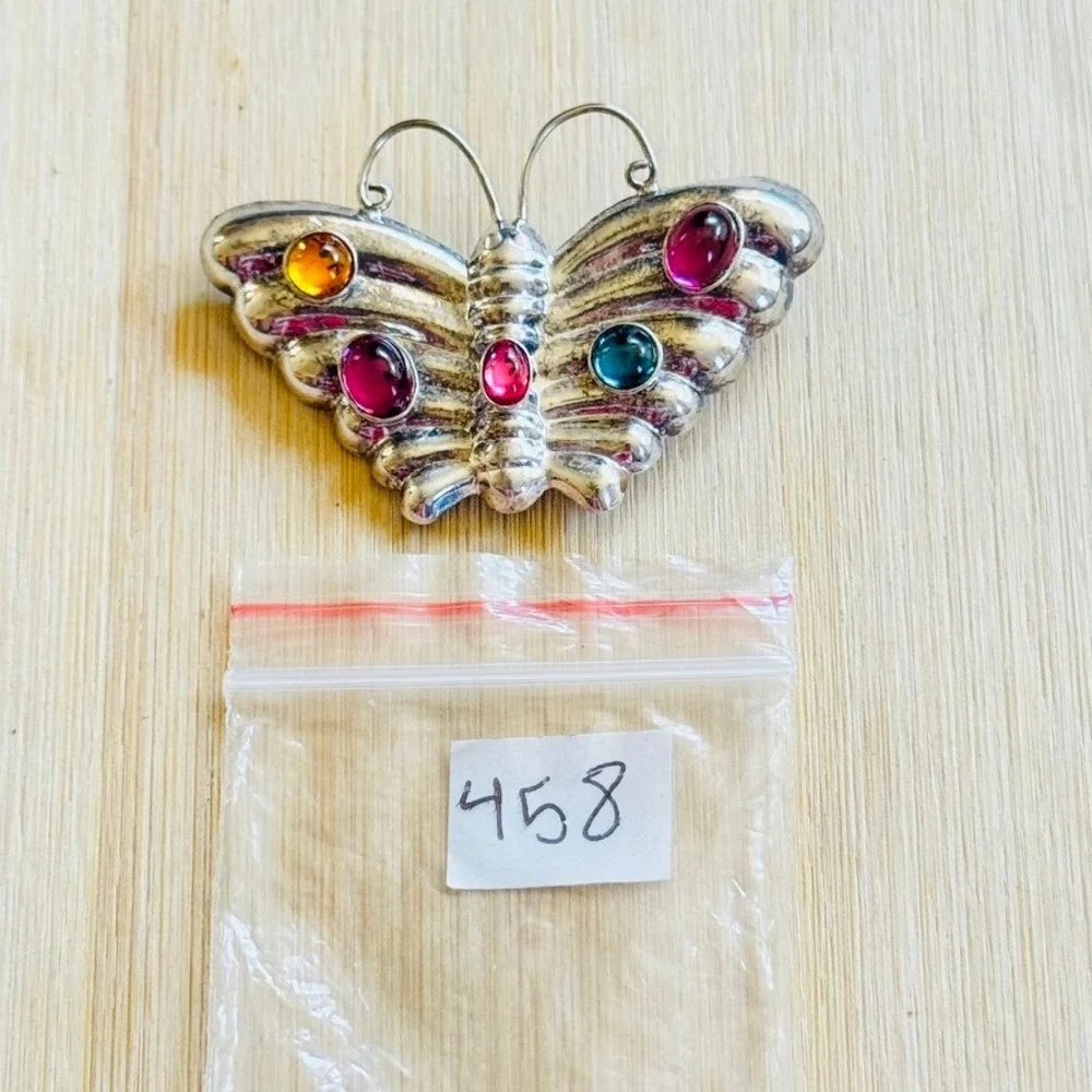 Art Deco Sterling Silver Butterfly Moth Brooch Pin VTG Candy Gemstone Cabochon